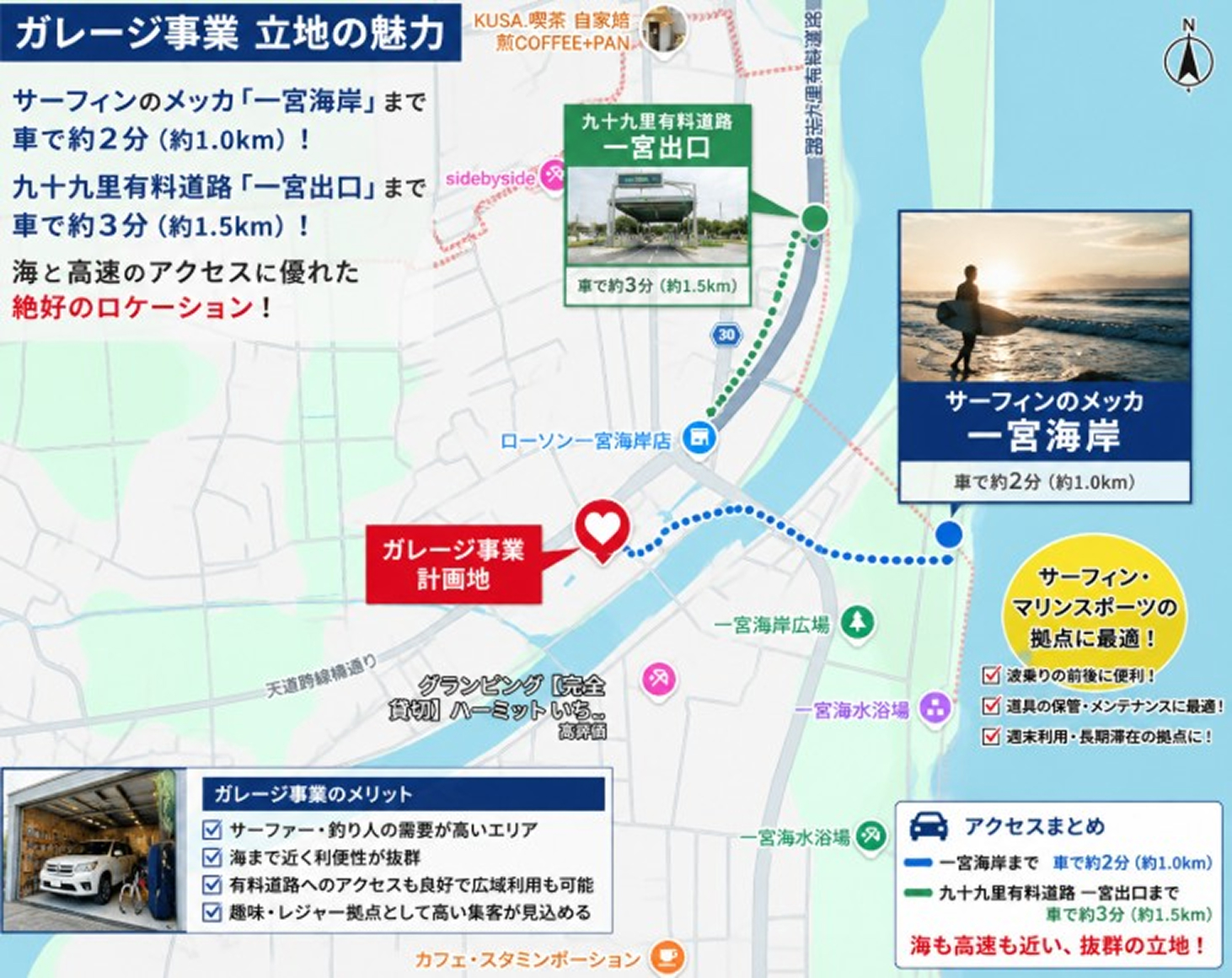 一宮海岸エリアガレージと一宮海岸周辺のアクセスマップ